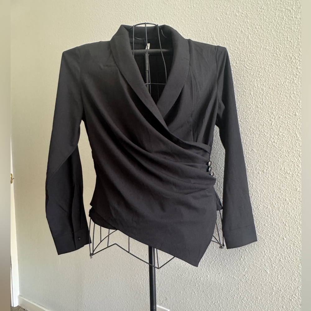 HALARA Black Asymmetrical Wrap Blouse with Notched Collar